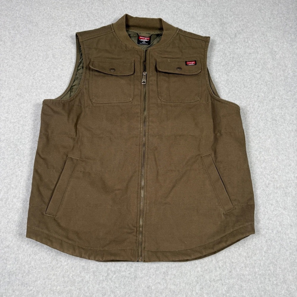 Wrangler Workwear Mens Brown Canvas Quilted Zip Up Utility Vest Size Large L
